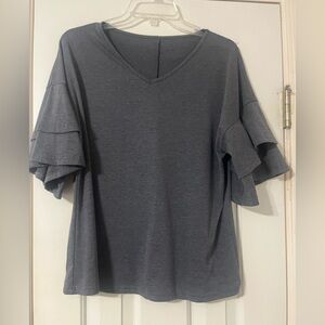 Gray V-Neck Ruffle Sleeve Top